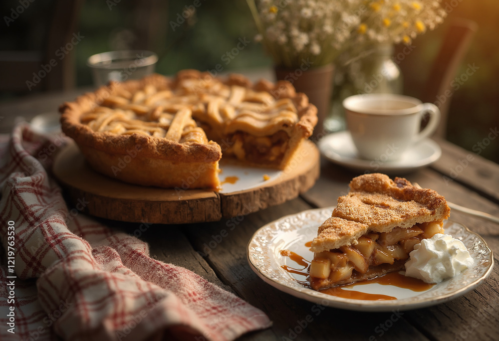 Rustic apple pie with lattice crust, whipped cream, and caramel drizzle Rustic apple pie with lattice crust, whipped cream, and caramel drizzle