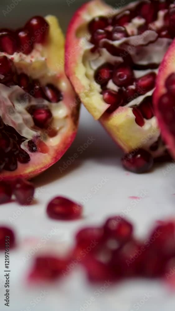 red grains of peeled pomegranate fruit, large sweet and juicy pomegranate seeds on a table made of black slate red grains of peeled pomegranate fruit, large sweet and juicy pomegranate seeds on a table made of black slate