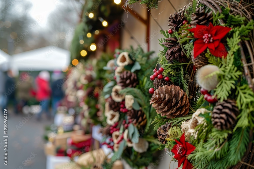 Fototapeta premium Beautiful christmas wreaths adorned with pine cones, red berries, and poinsettias, hanging at a holiday market stall