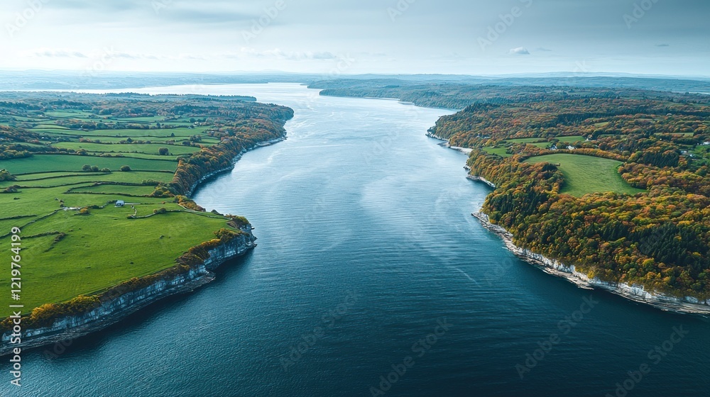Aerial view of wide river and fall colors. Aerial view of wide river and fall colors.