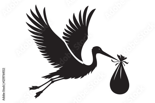 silhouette of stork holding a baby basket icon