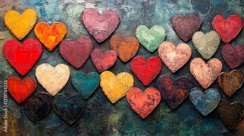 A colorful collection of watercolor hearts in warm tones. Ideal for Valentine's Day designs, romantic themes, and emotional connection visuals.
