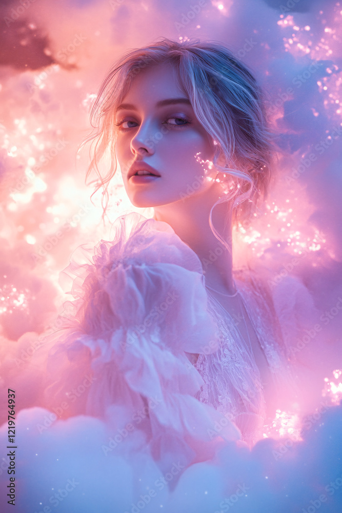 Beautiful woman surrounded by glowing snowflakes, illuminated by cool-toned light in a dreamy winter setting, evoking elegance, seasonal magic, and serene beauty Beautiful woman surrounded by glowing snowflakes, illuminated by cool-toned light in a dreamy winter setting, evoking elegance, seasonal magic, and serene beauty