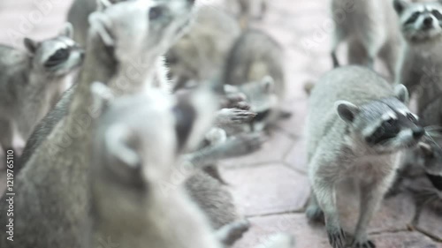 Raccoons playing, in park