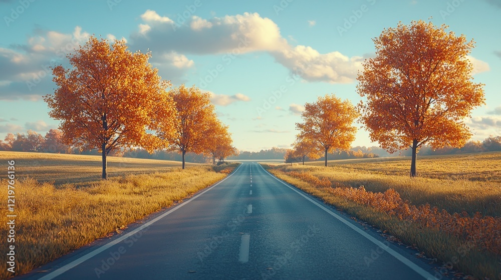 Autumn road with golden trees under a blue sky. Autumn road with golden trees under a blue sky.