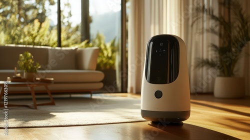 Smart home surveillance device standing in a modern living room with natural light