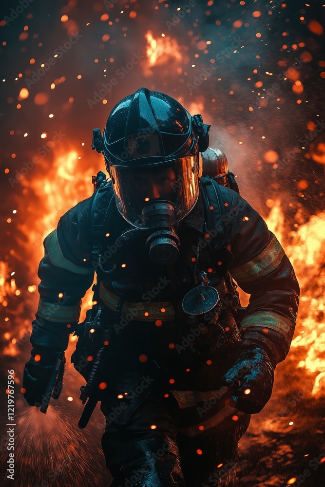 A brave firefighter sprays water to extinguish a large fire, wearing protective gear created by ai A brave firefighter sprays water to extinguish a large fire, wearing protective gear created by ai