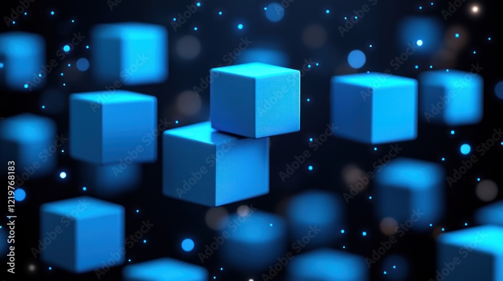 Blue cubes hover against bokeh background. Blue cubes hover against bokeh background.