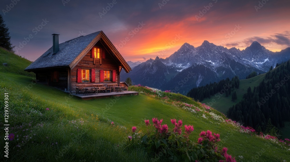 Obraz premium Serene Mountain Cabin at Sunset with Colorful Flowers and Majestic Peaks in the Background
