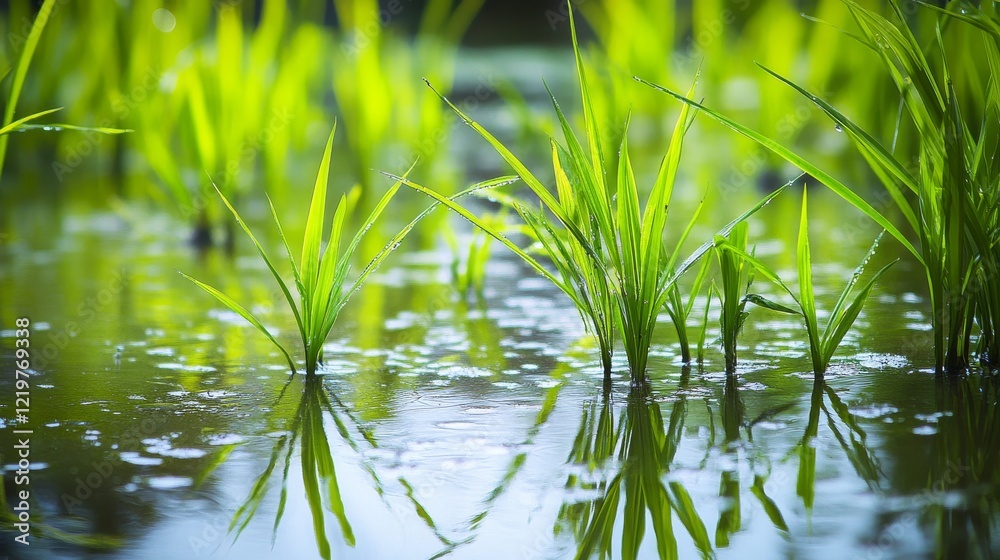 Fototapeta premium Rice plants growing in water in a paddy field. Emphasizing the growth and natural habitat of the rice plants. Ideal for environmental studies and agricultural blogs.