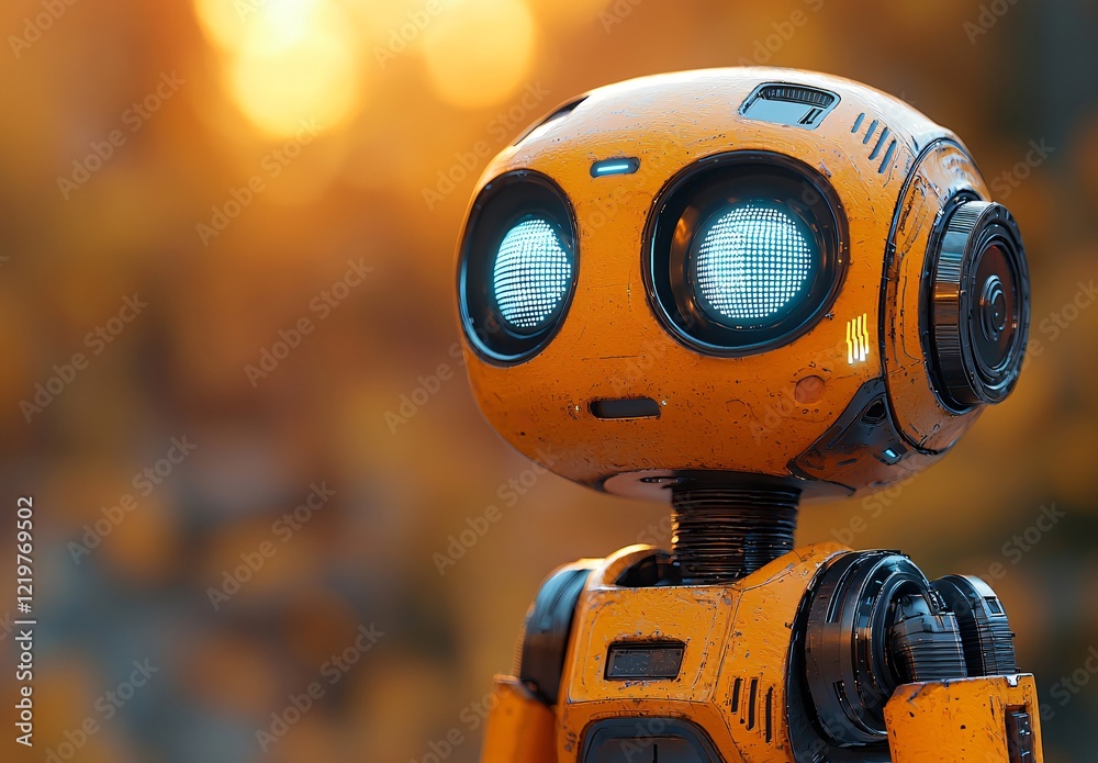 Cute orange robot sunset bokeh background Cute orange robot sunset bokeh background