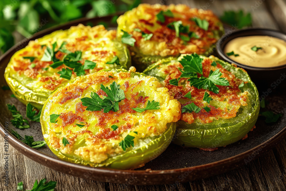 Crispy fried green tomatoes garnished with fresh parsley and served with dipping sauce on a rustic wooden table Crispy fried green tomatoes garnished with fresh parsley and served with dipping sauce on a rustic wooden table
