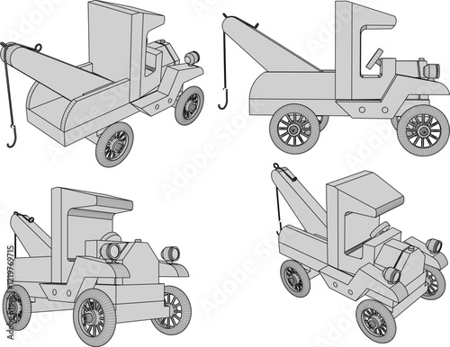 vector illustration design drawing for children's toy classic vintage towing car made from traditional ethnic wood