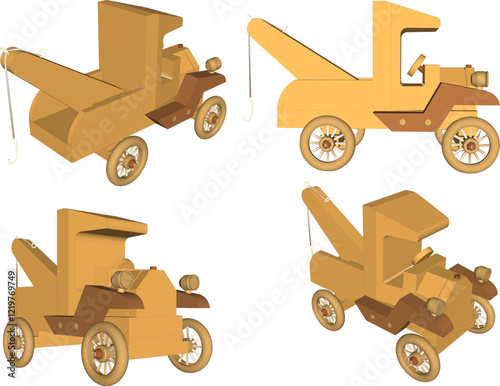 vector illustration design drawing for children's toy classic vintage towing car made from traditional ethnic wood