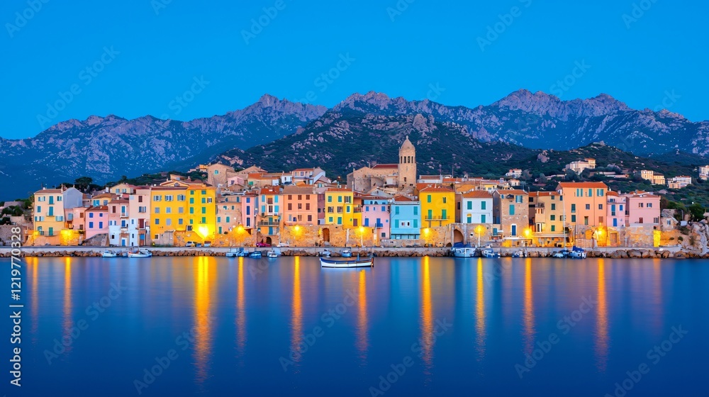 Fototapeta premium Colorful coastal town at twilight, mountains backdrop, harbor reflections. Use Travel brochure