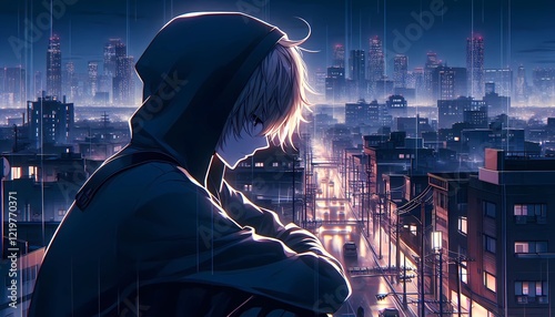 Sad and lonely anime guy doesn't know what to do next in his life, illustration