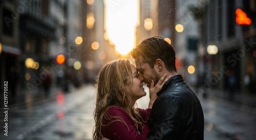 Couple in the rain sharing a loving kiss at sunset in a romantic city backdrop