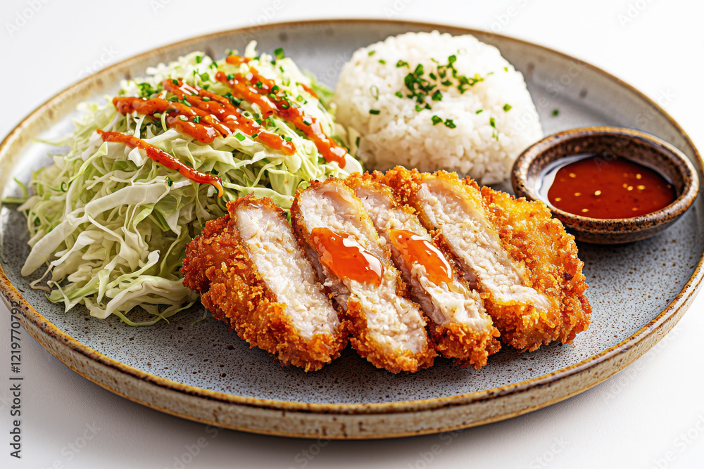 Crispy tonkatsu pork cutlet with shredded cabbage and rice served on a ceramic plate in bright natural light Crispy tonkatsu pork cutlet with shredded cabbage and rice served on a ceramic plate in bright natural light