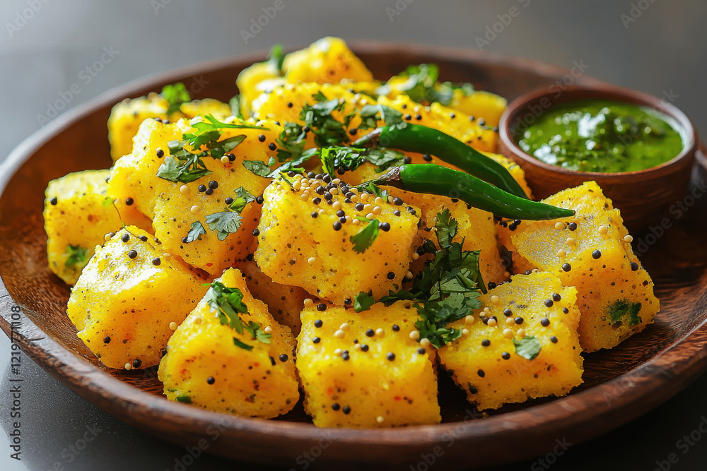 Fluffy yellow dhokla garnished with mustard seeds and fresh herbs served with chutneys on a rustic plate Fluffy yellow dhokla garnished with mustard seeds and fresh herbs served with chutneys on a rustic plate