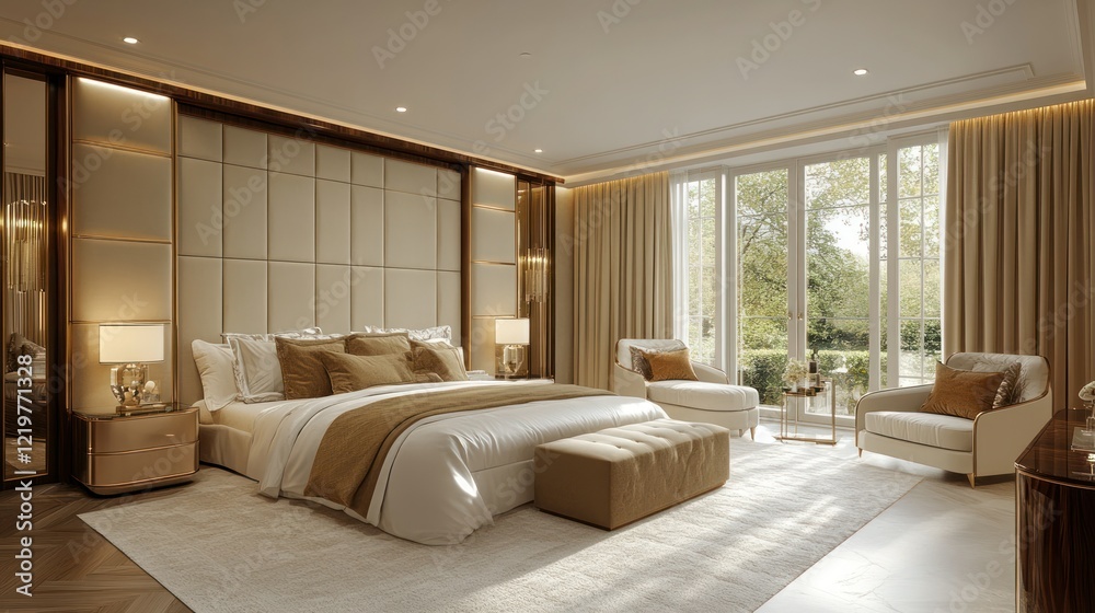 Fototapeta premium Luxurious bedroom, garden view, sunlit, elegant design, interior design