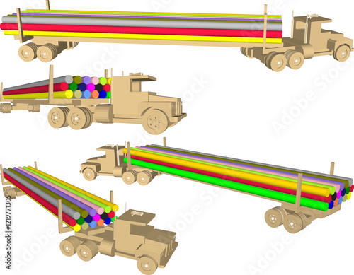 vector illustration design drawing of children's toy traditional ethnic wooden trailer truck carrying concrete