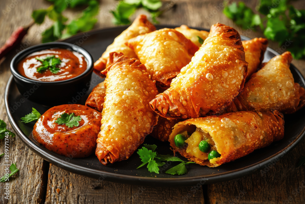 Crispy samosas filled with spiced potatoes and peas served with chutneys on rustic wooden table Crispy samosas filled with spiced potatoes and peas served with chutneys on rustic wooden table