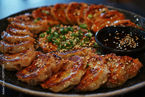 Golden pan-fried gyoza dumplings beautifully arranged with garnishes and dipping sauce photo