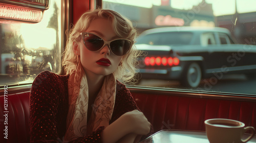 A young blonde moll sits in a corner booth of a 1960s roadside diner