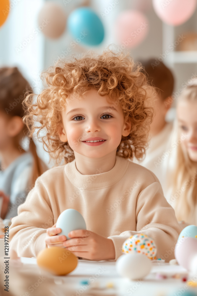 A lively group of children sits at a table filled with colorful Easter eggs, eagerly preparing to decorate them with a variety of paints and materials. Joy and anticipation fill the space A lively group of children sits at a table filled with colorful Easter eggs, eagerly preparing to decorate them with a variety of paints and materials. Joy and anticipation fill the space