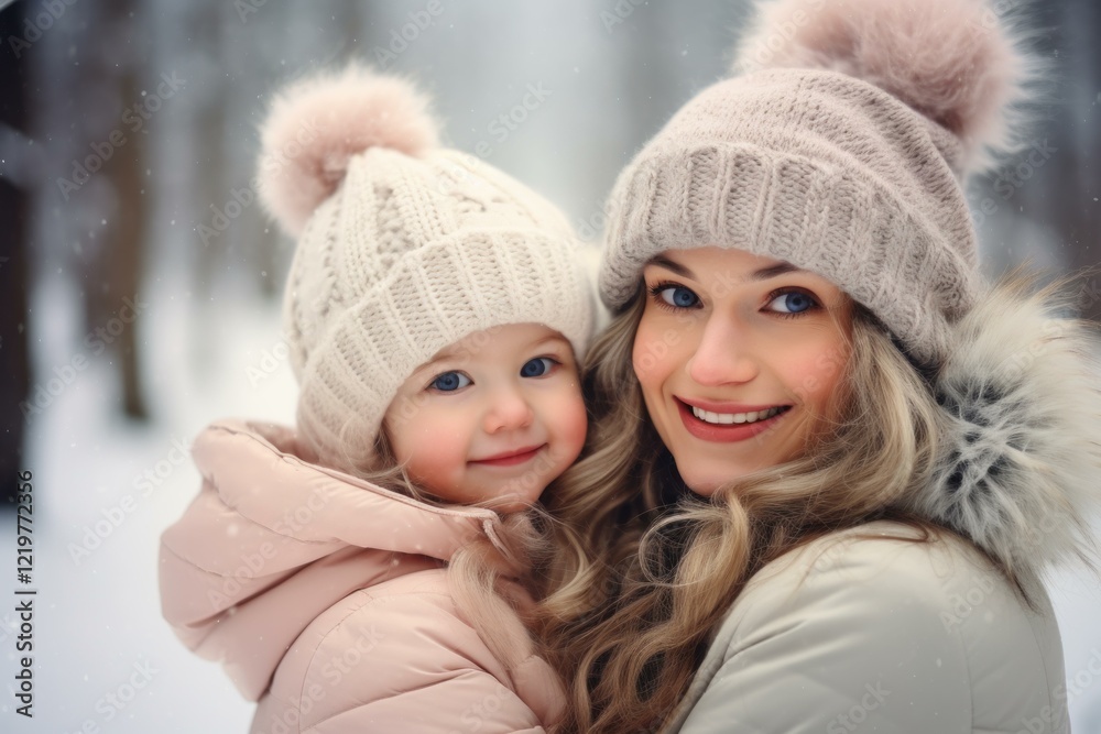 Fototapeta premium Mother and daughter wearing warm winter clothes and smiling in a snowy forest