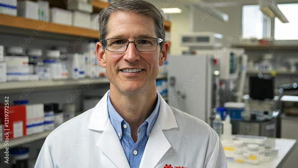 Scientist in laboratory coat smiling in a modern research facility during working hours Scientist in laboratory coat smiling in a modern research facility during working hours