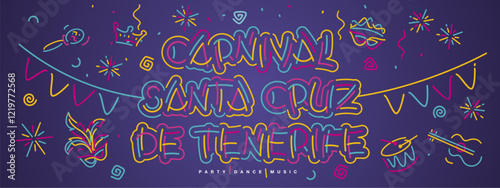Carnival Santa Cruz de Tenerife 2025 handwriten line design typography party dance music elements. Mask drums rattles guitar fanfare crown tiara flags ribbons sparkle firework confetti on purple
