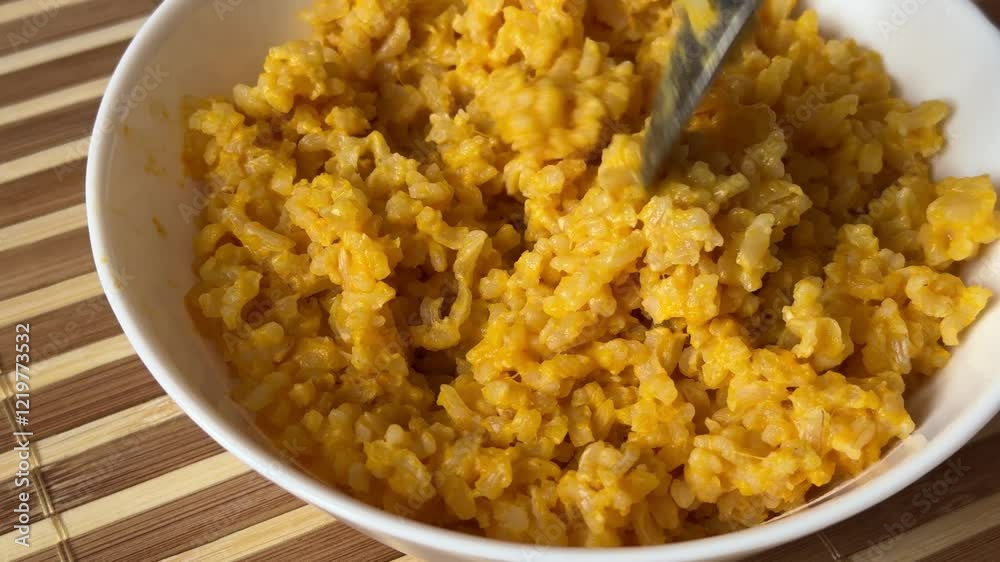 Yellow rice porridge cooked in milk with pumpkin spice in a white bowl on bamboo background. The water's hand stirs with a spoon food on the table in the restaurant. Close-up Yellow rice porridge cooked in milk with pumpkin spice in a white bowl on bamboo background. The water's hand stirs with a spoon food on the table in the restaurant. Close-up