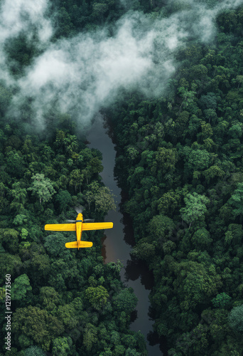 Yellow airplane flying over a lush green forest with a winding river, misty atmosphere, vibrant contrast, single-engine aircraft, aerial view