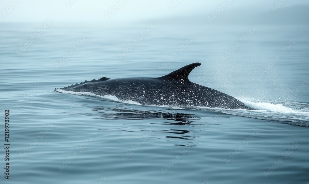 Fototapeta premium Dark whale swims, ocean waves, misty day.