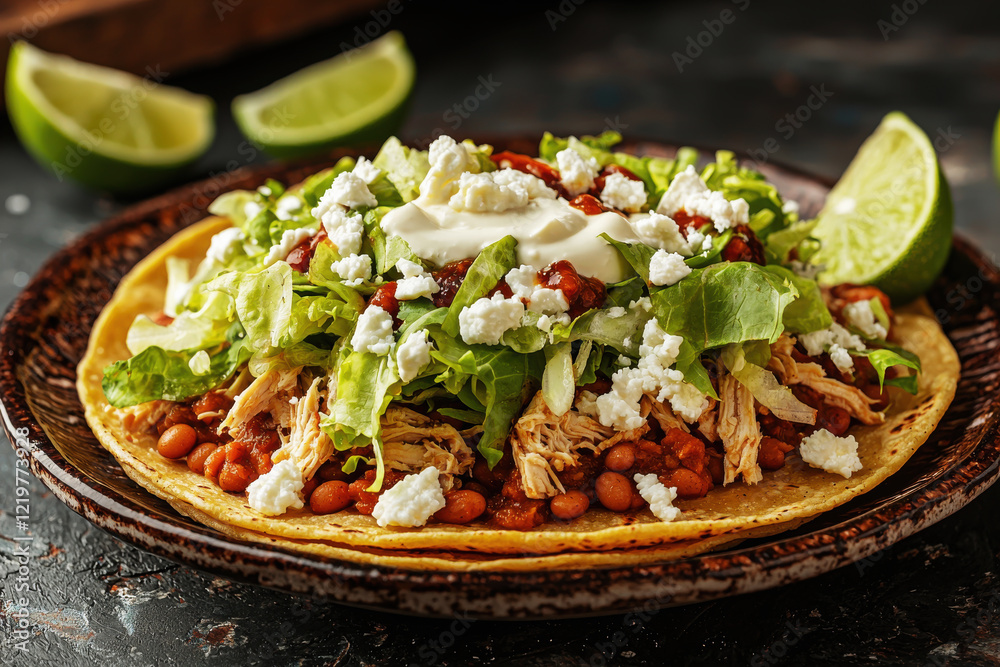 Delicious sopes with refried beans, shredded chicken, and fresh toppings served on a rustic plate with lime wedges Delicious sopes with refried beans, shredded chicken, and fresh toppings served on a rustic plate with lime wedges
