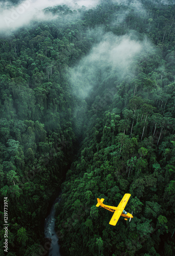 Bright yellow airplane flying over dense forest with river, misty atmosphere, single-engine aircraft, vibrant contrast, lush greenery, mysterious scene