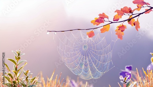 spider web with dew on branch, green grass, selective focus;spider web in a beautiful flower field with a sunset view,spider web with Sakura blossom 
