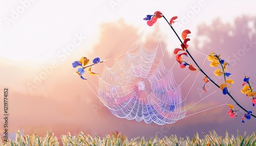 spider web with dew on branch, green grass, selective focus;spider web in a beautiful flower field with a sunset view,spider web with Sakura blossom 