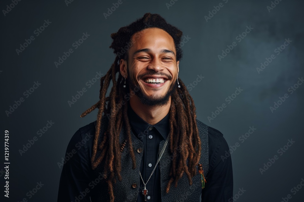 Obraz premium Portrait of a young male musician with dreadlocks smiling and showing his white teeth on a dark background