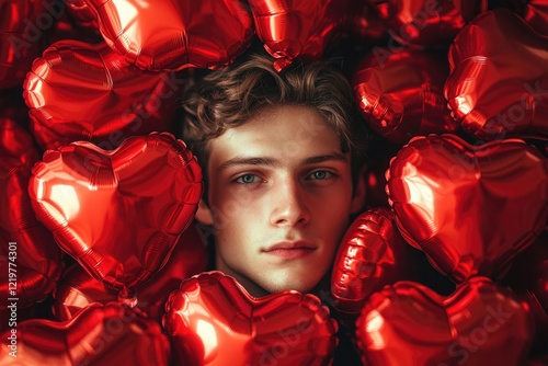 A serene male face framed by a sea of shiny red balloons in a captivating setting.