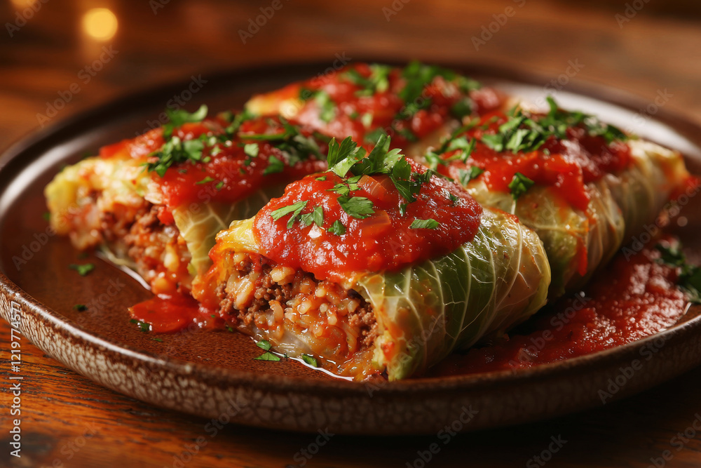 Delicious stuffed cabbage rolls with ground meat and rice in rich tomato sauce garnished with parsley on a rustic plate Delicious stuffed cabbage rolls with ground meat and rice in rich tomato sauce garnished with parsley on a rustic plate