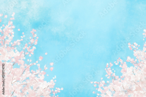 桜と青空、水彩イラスト、春の風景
