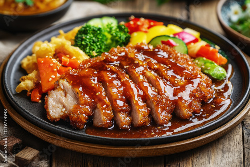 Crispy tangsuyuk served with colorful vegetables on a rustic wooden table photo