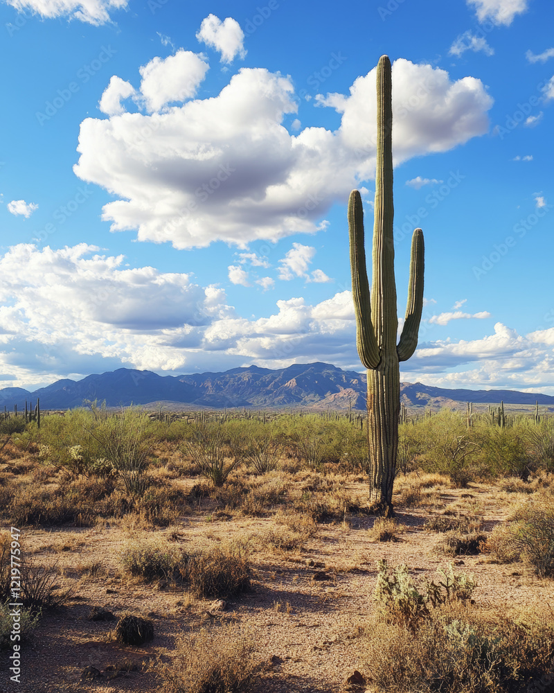 Solitary Saguaro Cactus Under a Bright Blue Sky in Arizona Solitary Saguaro Cactus Under a Bright Blue Sky in Arizona