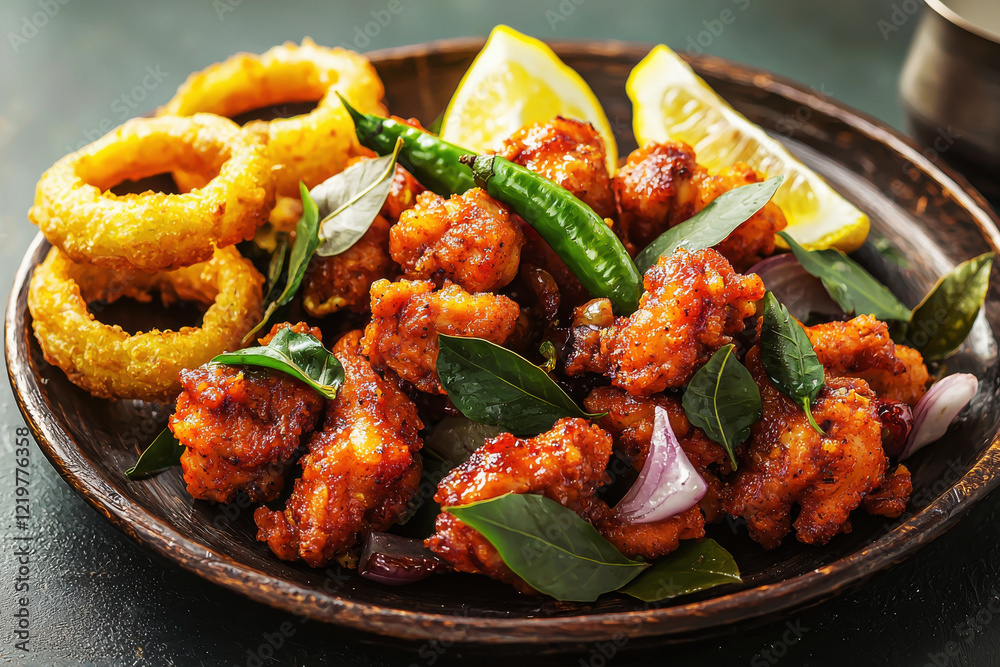 Fototapeta premium Spicy chicken 65 served on a rustic plate with onion rings and fresh garnishes in bright lighting