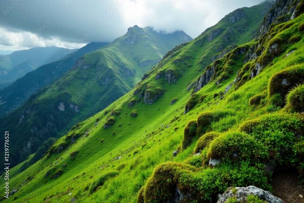 Fototapeta premium Lush green moss carpets the rugged mountain slope, landscapes, evergreen, foliage