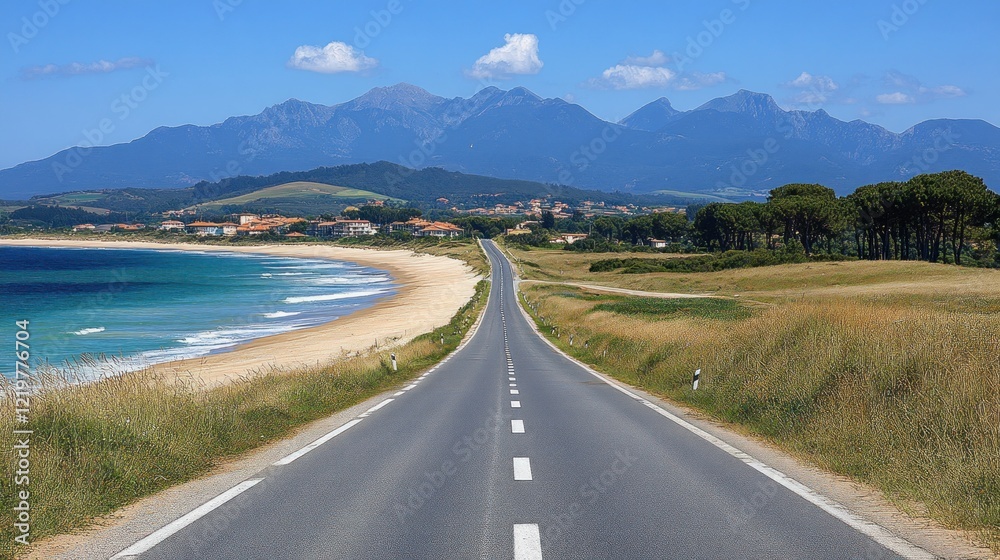 Coastal road leading to a beach and distant mountains. Coastal road leading to a beach and distant mountains.