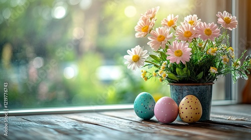 A festive Easter table with vibrant eggs and fresh spring flowers set against a blurred kitchen window backdrop photo