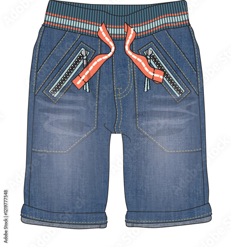 Denim Shorts with Zippers – Boys Fashion Vector Sketch
